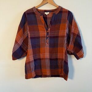 Garnet Hill Women’s 100% Organic Cotton Multicolor Plaid Blouse, Size 8